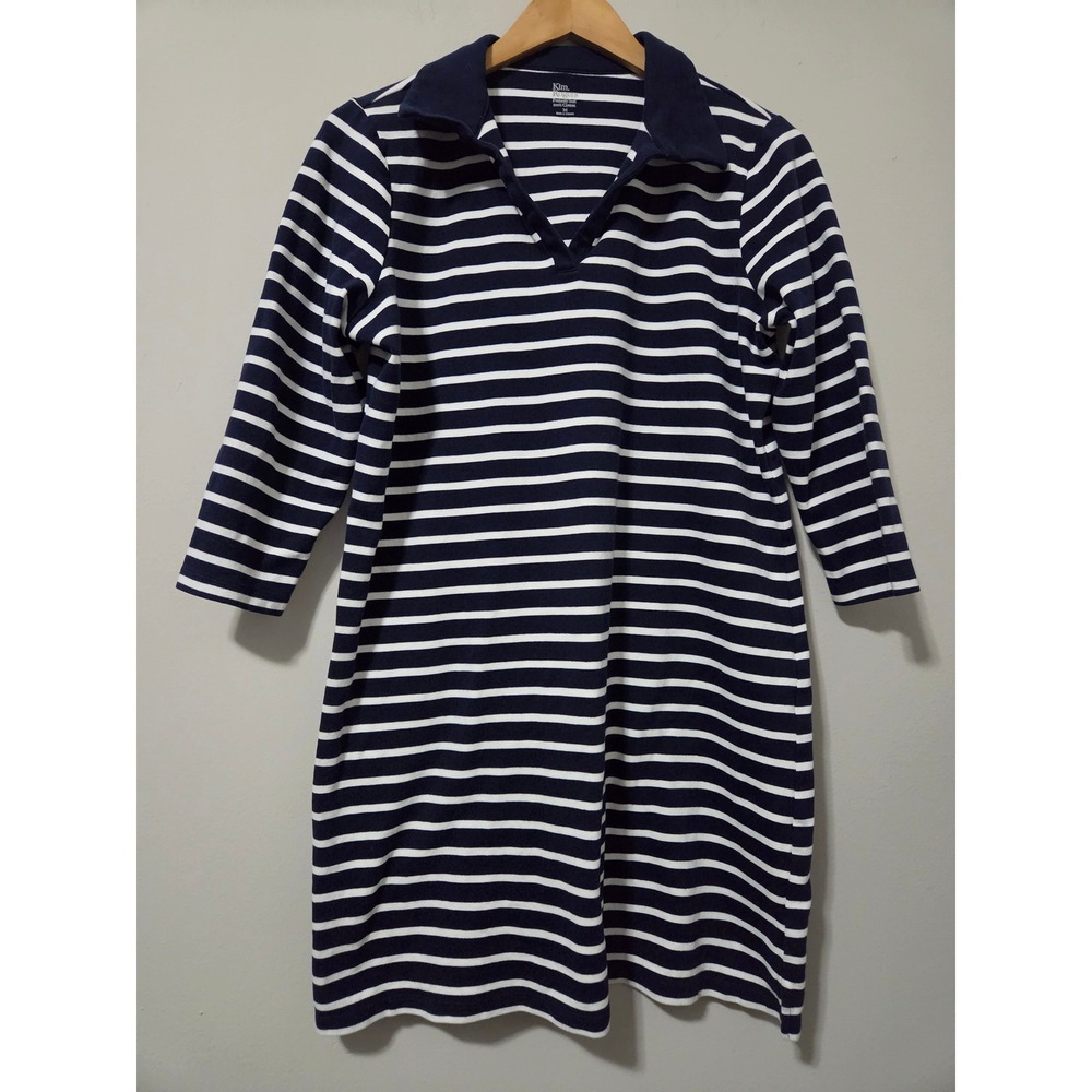 Kim Rogers Navy Blue White Striped Polo‎ V-Neck 3/4 Sleeve Cotton Dress Womens M